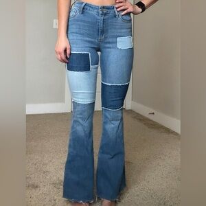 Hollister Patchwork Flare Jeans - Light and Dark Blue